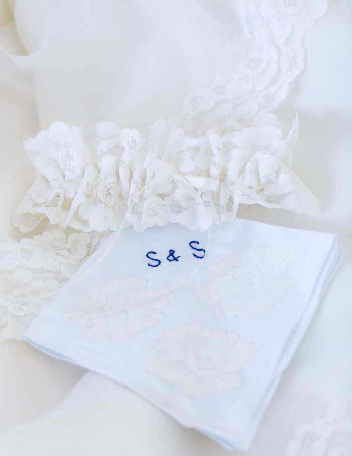 garter and handkerchief handmade from the bride's mother's wedding dress lace by The Garter Girl 