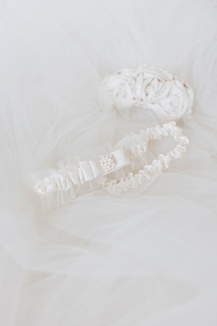 custom wedding garter set handmade from bride's mother's bridal veil with pearl, tulle & personalized something blue embroidery by The Garter Girl
