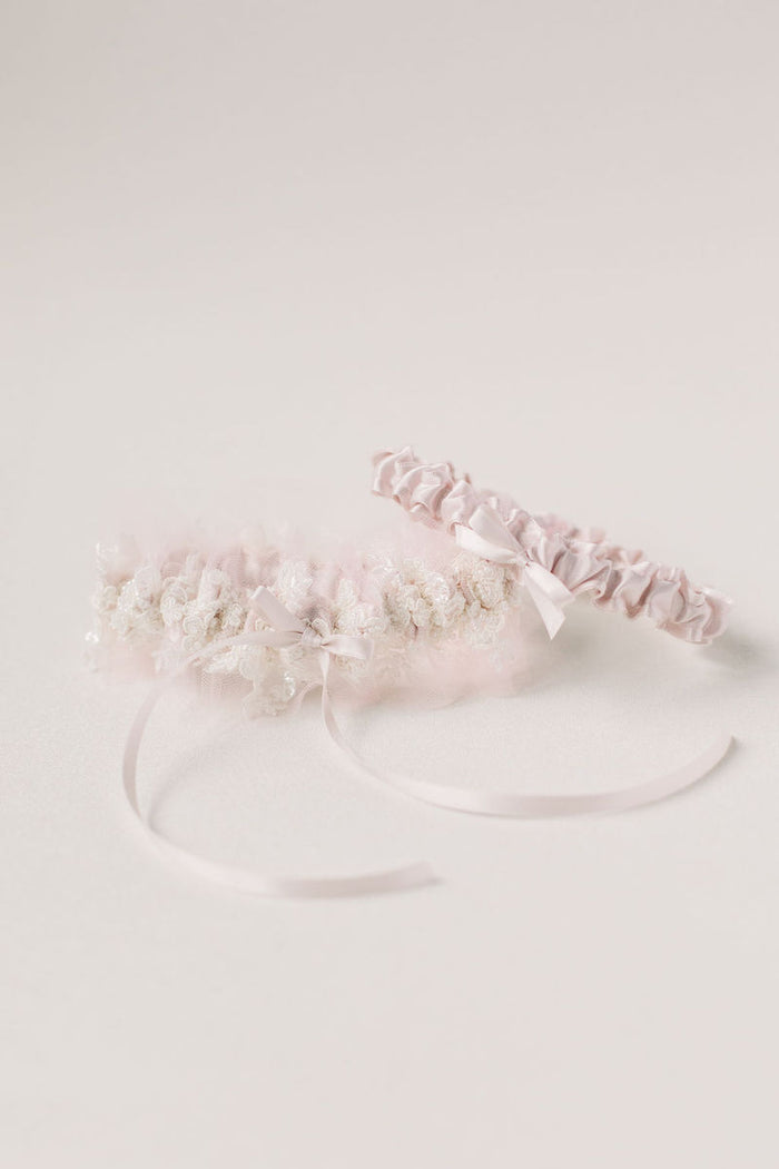 blush tulle and sparkle lace wedding garter set heirloom from The Garter Girl