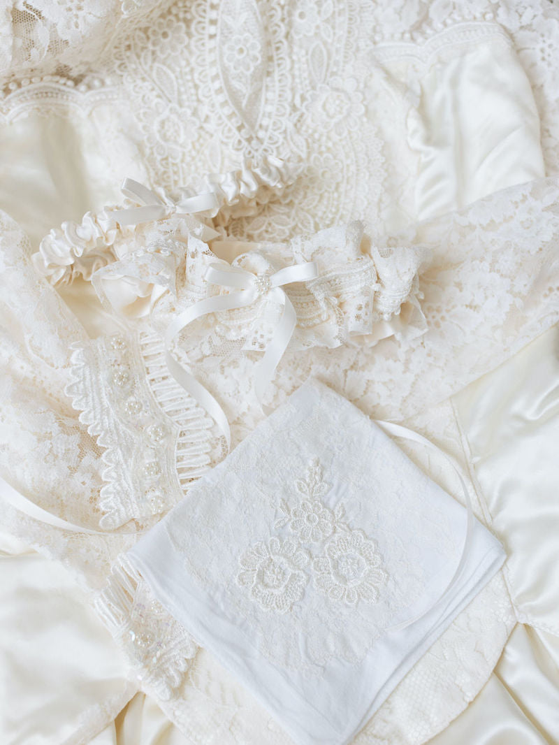 Wedding Garter with Lace and Pearls and Handkerchief From Mother's Wedding Dress