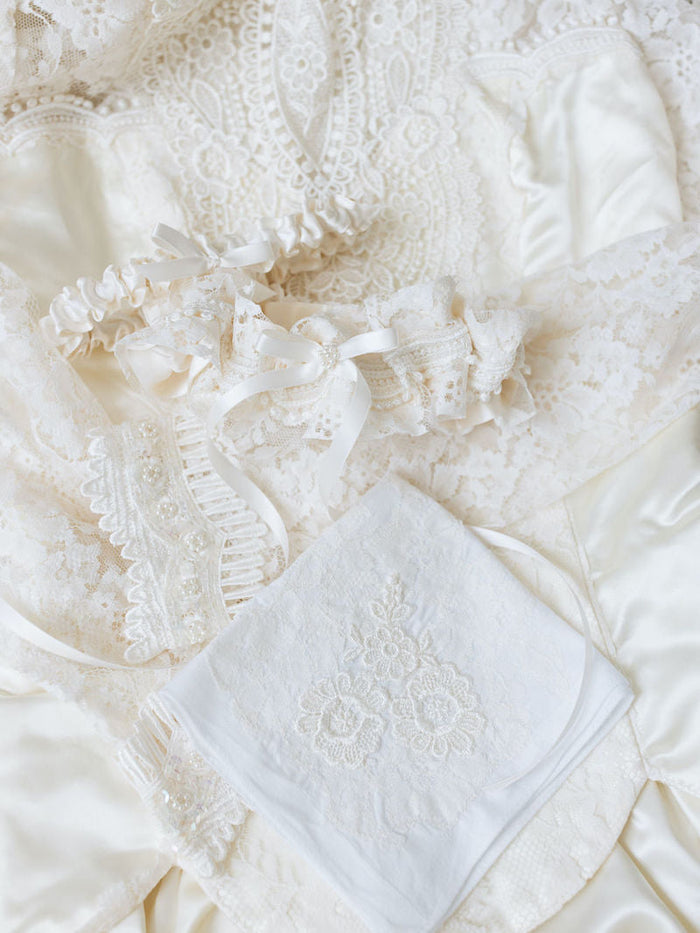 Wedding Garter with Lace and Pearls and Handkerchief From Mother's Wedding Dress