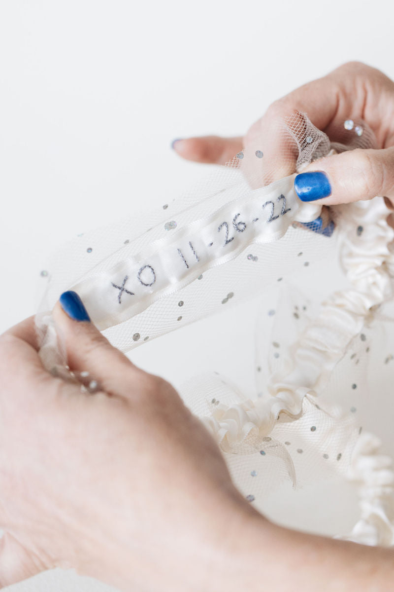 Glitter and Tulle Bridal Garter Set Personalized With Grey Embroidery by The Garter Girl 1