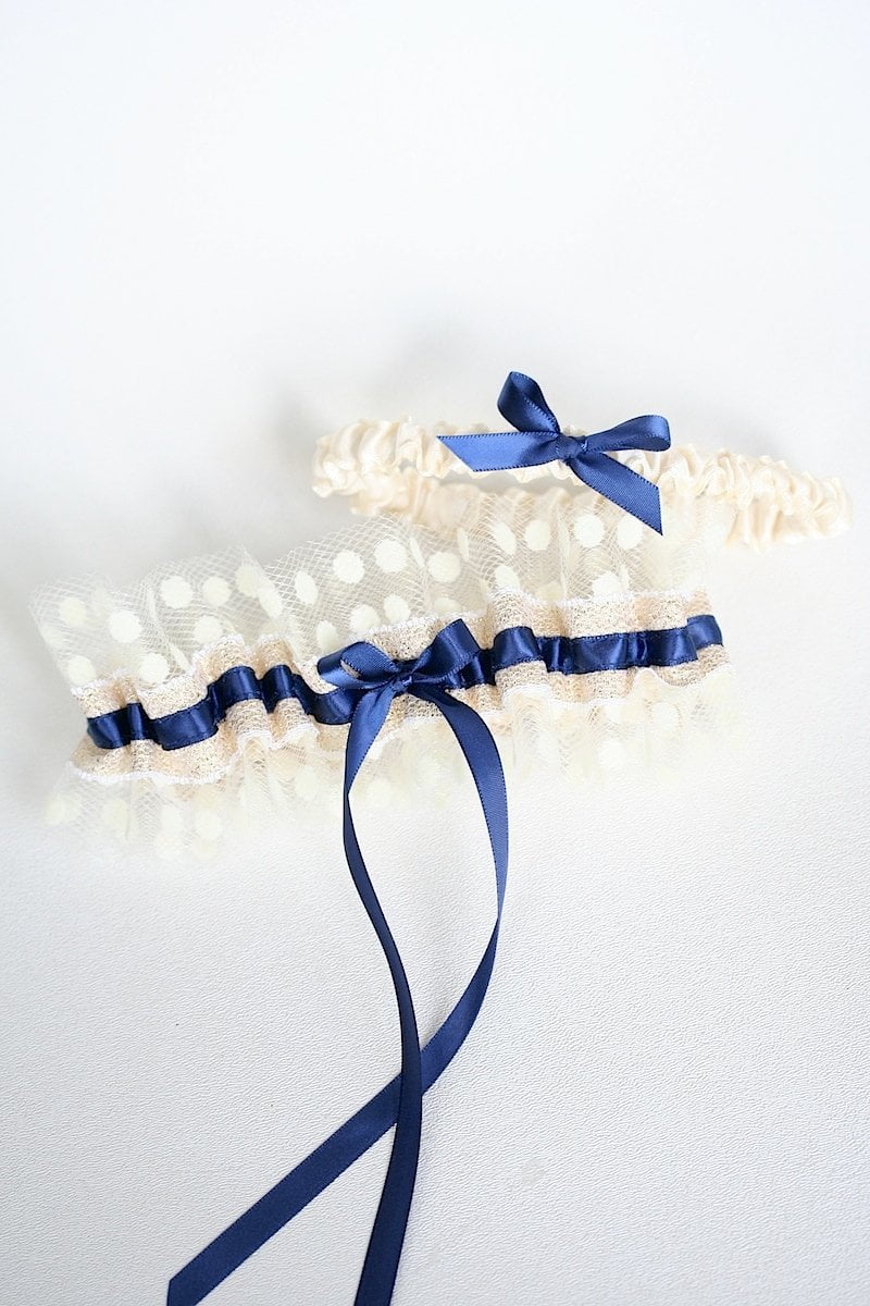 Garter Set: Polka Dot Tulle, Gold Lace & Navy Blue
