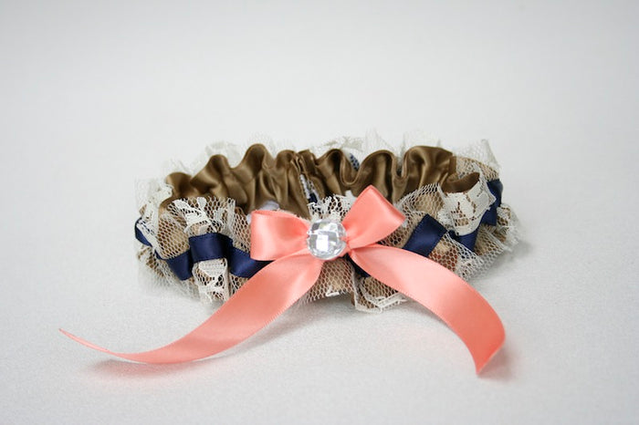 Custom Wedding Garter: Gold, Ivory Lace, Navy & Coral