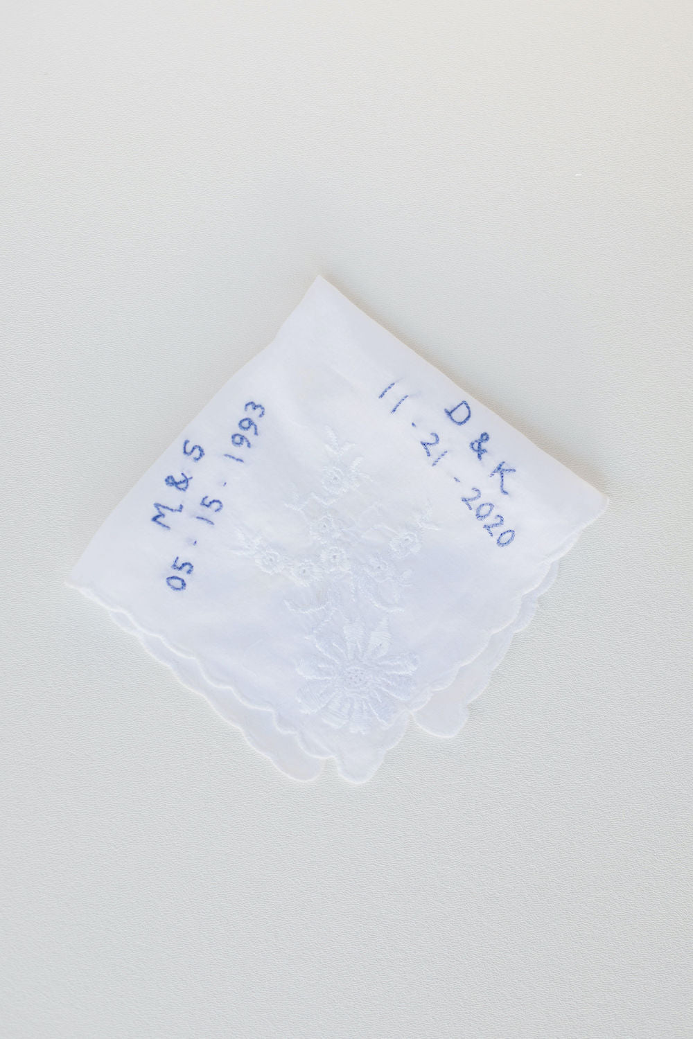 grandmother's wedding handkerchief personalized with mom's and bride's wedding date and initials by The Garter Girl