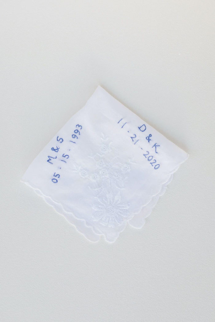 grandmother's wedding handkerchief personalized with mom's and bride's wedding date and initials by The Garter Girl