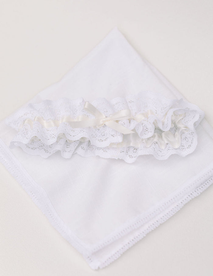 wedding garter heirloom handmade from the bride's grandmother's lace handkerchief and personalized with something blue embroidery by The Garter Girl