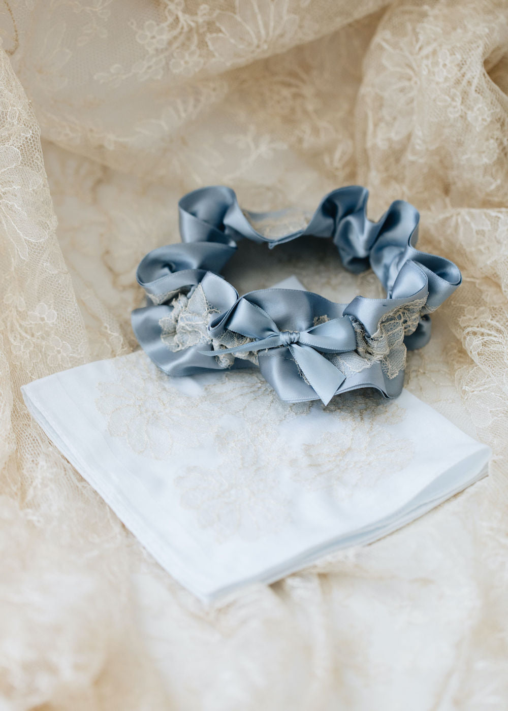 wedding garter & handkerchief handmade from bride's grandmother's lace veil - wedding heirloom by The Garter Girl