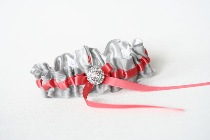 Custom Wedding Garter With Gray, Coral & Sparkle
