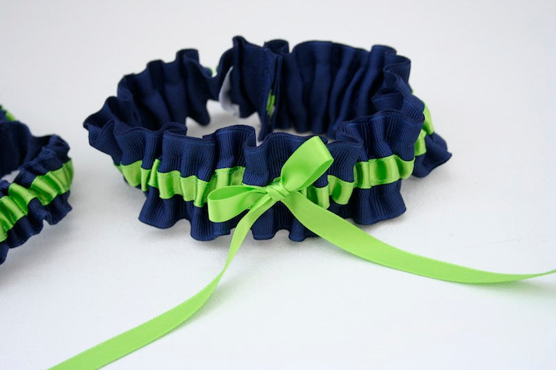 Apple Green and Navy Wedding Garter Set