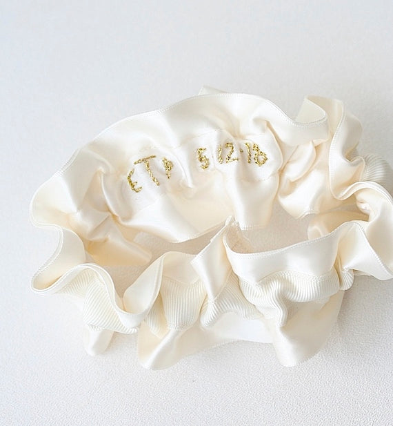 gold embroidery on the inside of custom wedding garter - The Garter Girl