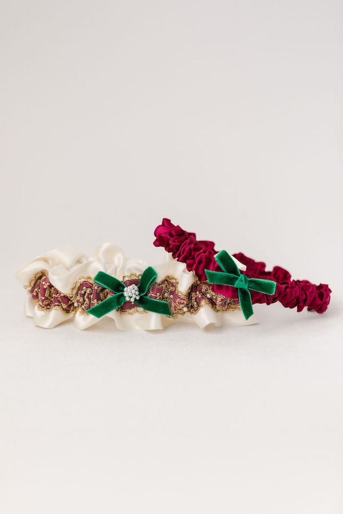 holiday themed wedding garter set with gold lace, pearls and velvet from The Garter Girl