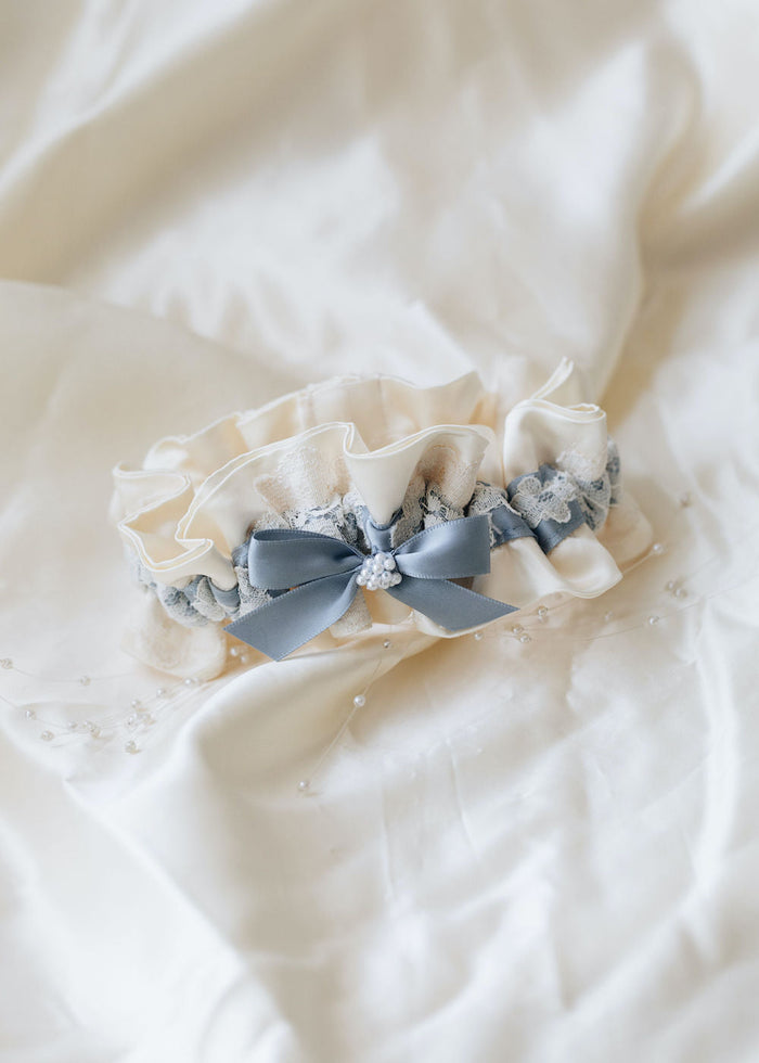 how to use great grandmother's satin wedding dress material - heirloom wedding garter with pearls & something blue handmade by The Garter Girl