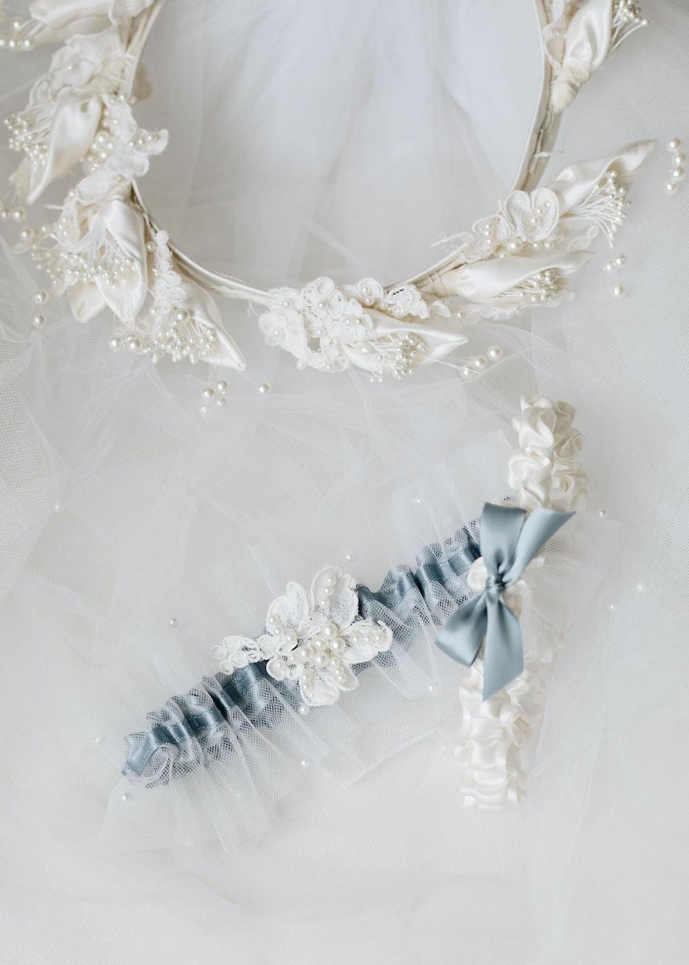 what to do with mother's bridal veil - tulle, lace & pearl wedding garter set with personalized embroidery - handmade heirlooms by The Garter Girl