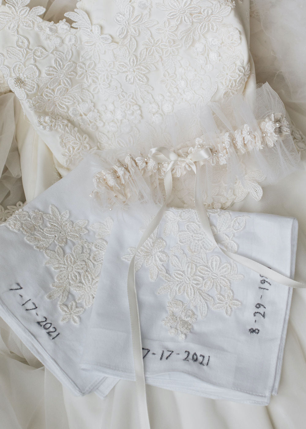 how to use your mom's wedding dress with custom wedding garter and personalized handkerchiefs by expert bridal heirloom designer, The Garter Girl