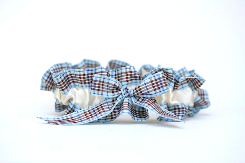 Ivory, Blue Plaid Garter Set