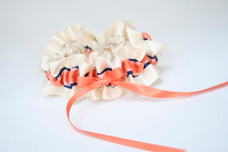 Custom Wedding Garter: Ivory, Coral and Navy Blue