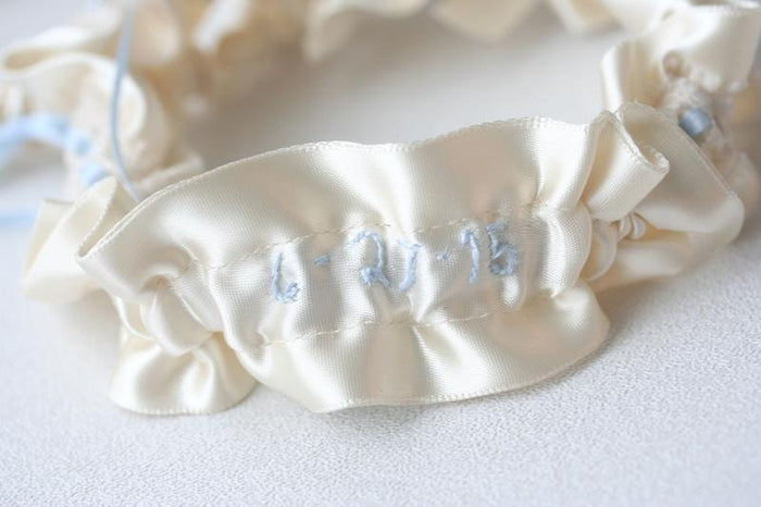 Ivory Lace and Something Blue Embroidered Garter Set