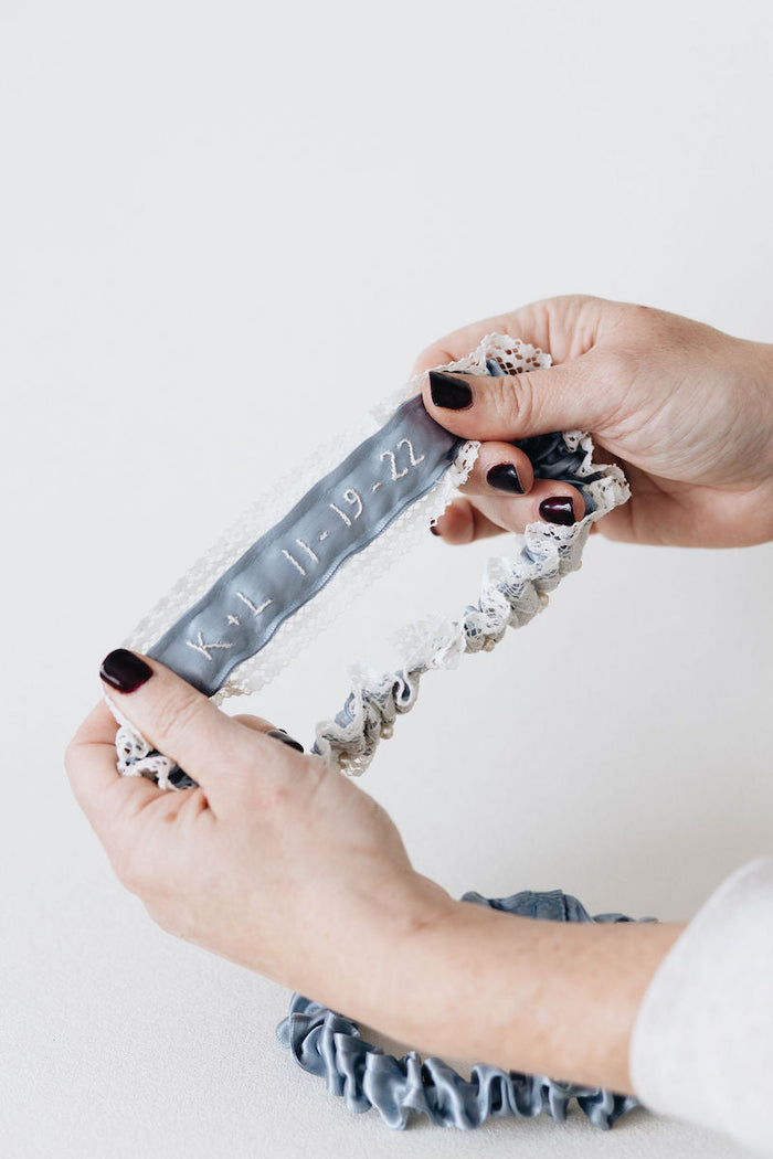 Ivory Lace, Blue and Pearl Bridal Garter With Embroidery by The Garter Girl