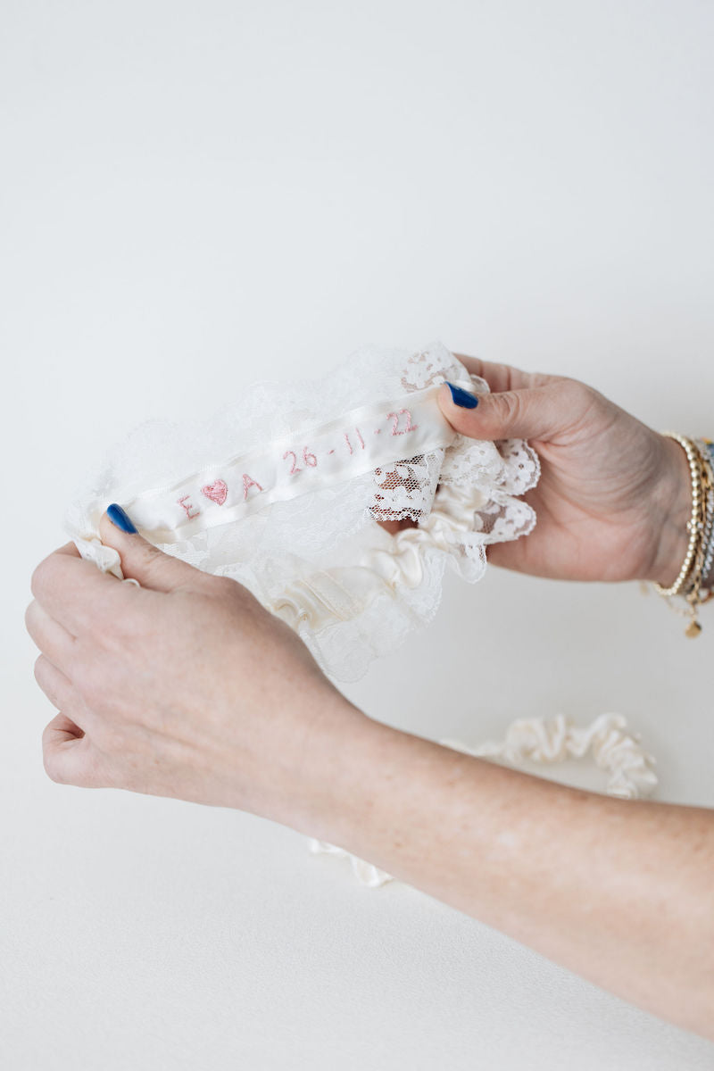 Ivory Lace Bridal Garter Set Personalized With Pink Embroidery by The Garter Girl