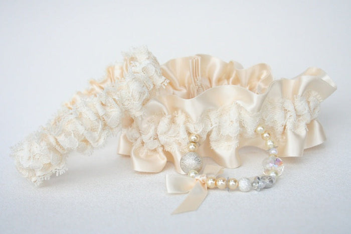 Ivory Lace, Sparkle and Pearl Garter Set