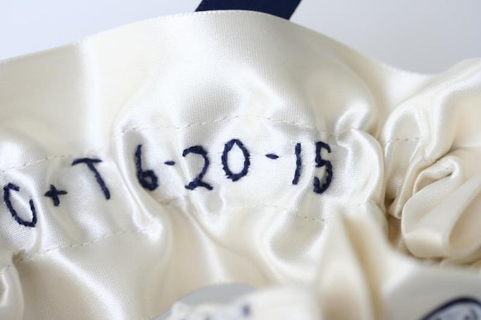 Custom Wedding Garter With Lace, Navy and Hand Embroidery