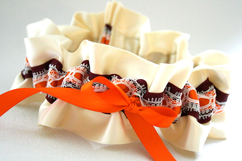 Ivory Lace, Orange and Maroon Garter