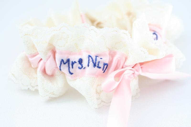 Ivory Lace, Pink and Navy Blue Embroidered Garter