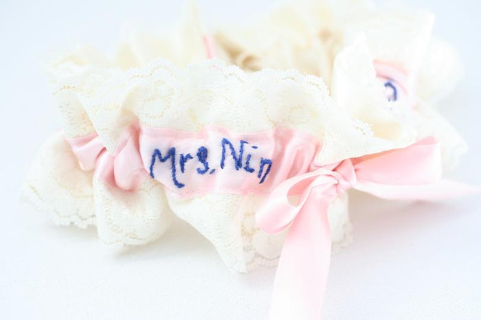 Ivory Lace, Pink and Navy Blue Embroidered Garter
