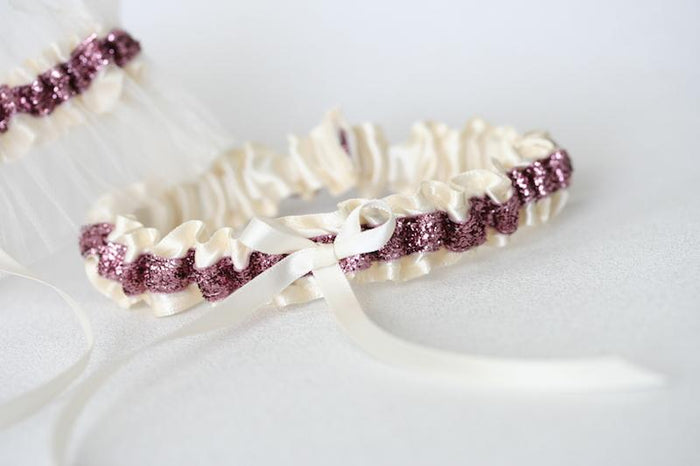 Heirloom Lace, Ivory and Rose Pink Glitter Garter Set