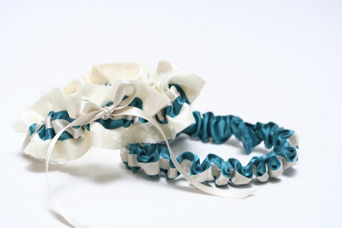 Ivory Lace, Teal and Oatmeal Garter Set