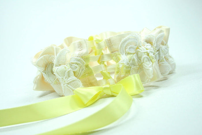 Yellow and Ivory Wedding Dress Lace Corset Tie Garter Set
