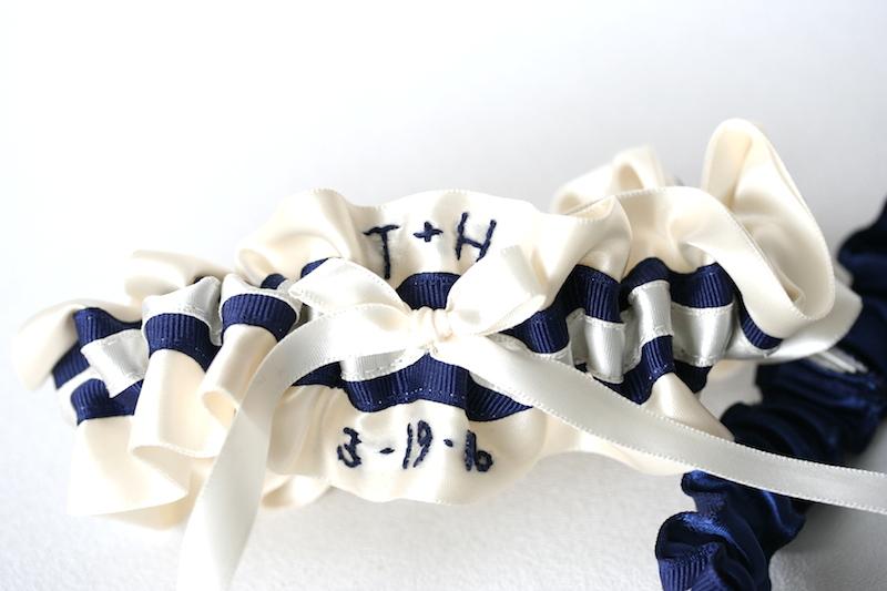 Ivory and Navy Blue Embroidered Garter Set