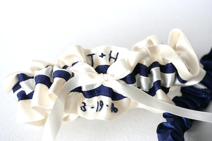 Ivory and Navy Blue Embroidered Garter Set