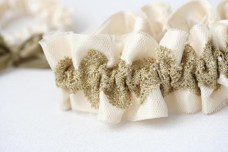 Ivory Tulle and Gold Lace Embroidered Garter Set