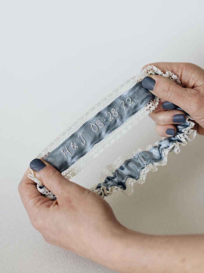 Dusty Blue and Ivory Bridal Garter with Lace, Pearls and Personalized