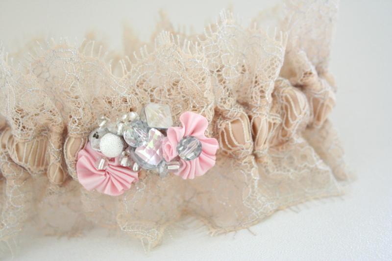 Champagne Lace, Pink and Sparkle Garter