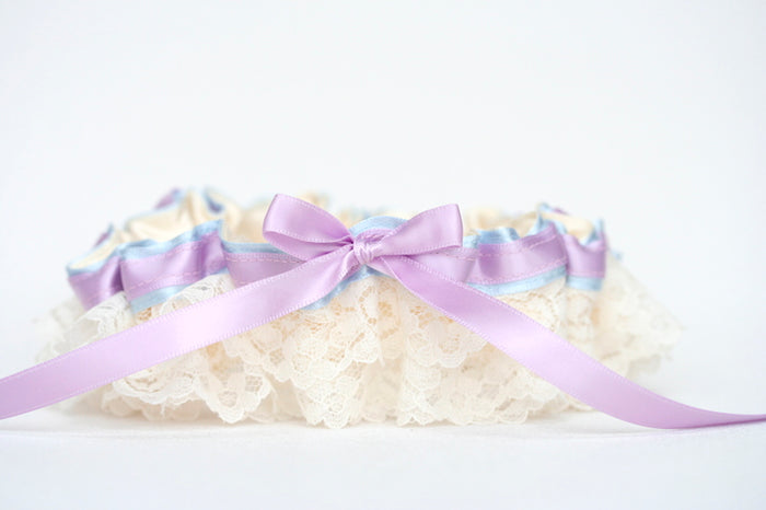 Custom Wedding Garter: Ivory Lace, Light Blue and Lanvender