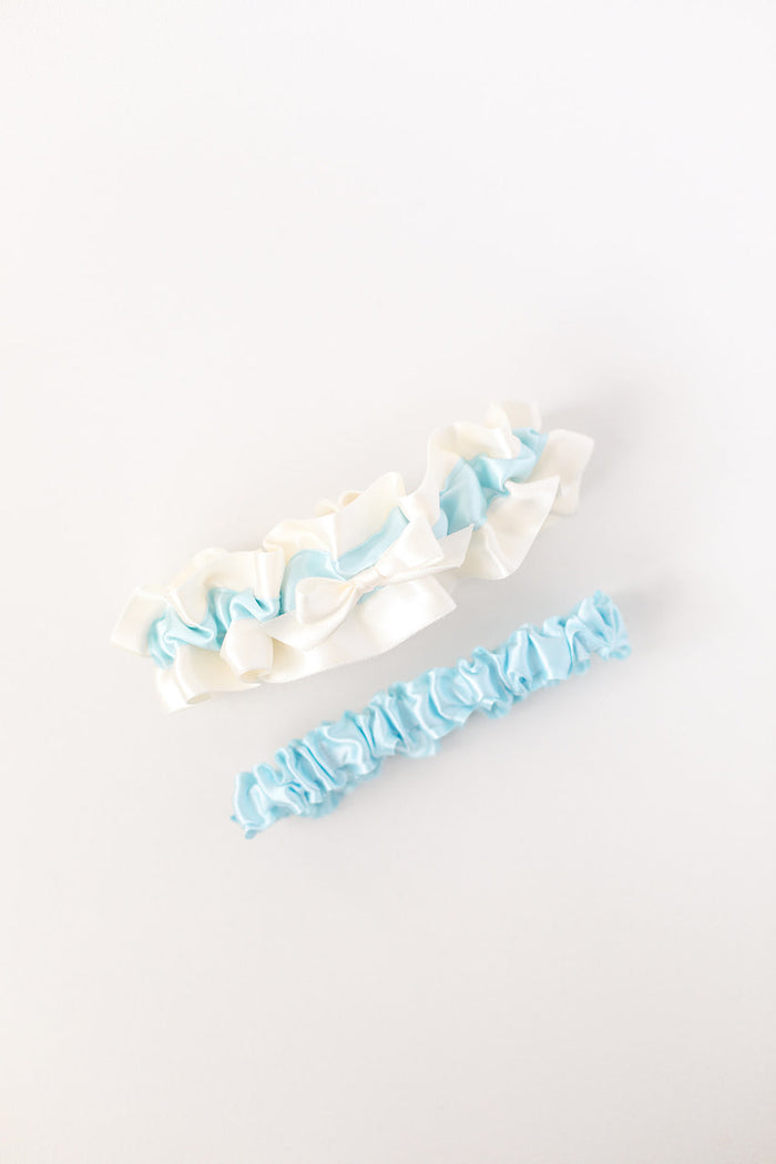 Garter Set: Ivory & Light Blue Satin