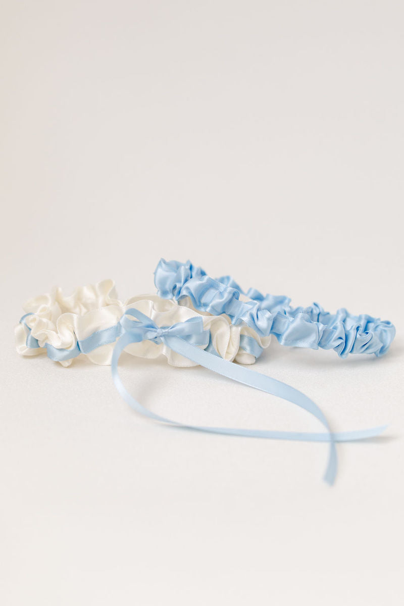 simple bridal garter heirloom set with ivory and light blue satin 