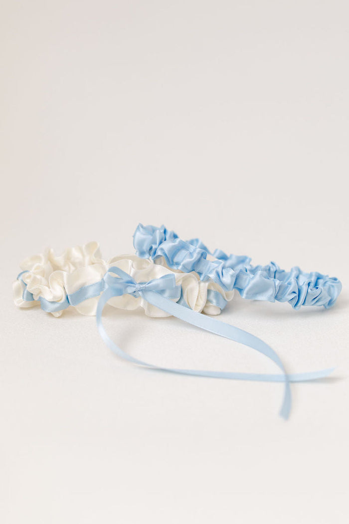 simple bridal garter heirloom set with ivory and light blue satin 