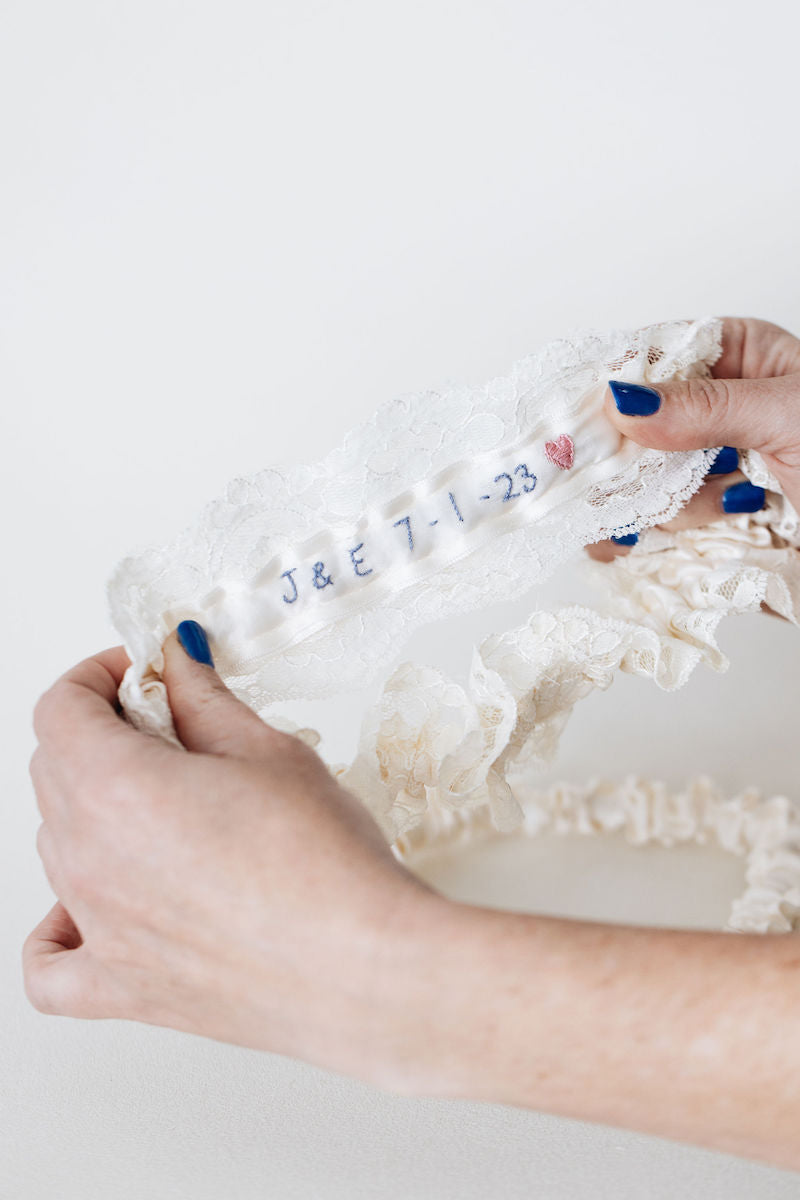 Lovely Lace Bridal Garter Set Personalized With Embroidery and Heart by The Garter Girl