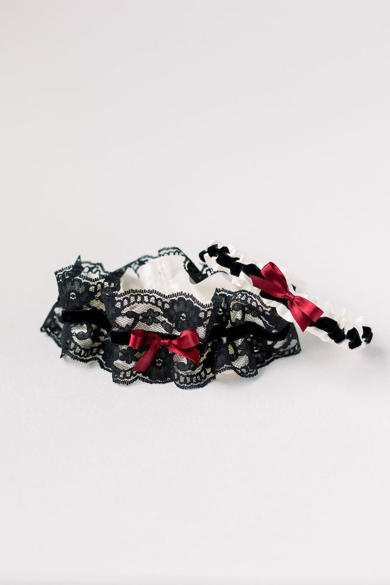 luxury wedding garter set with velvet and lace from The Garter Girl