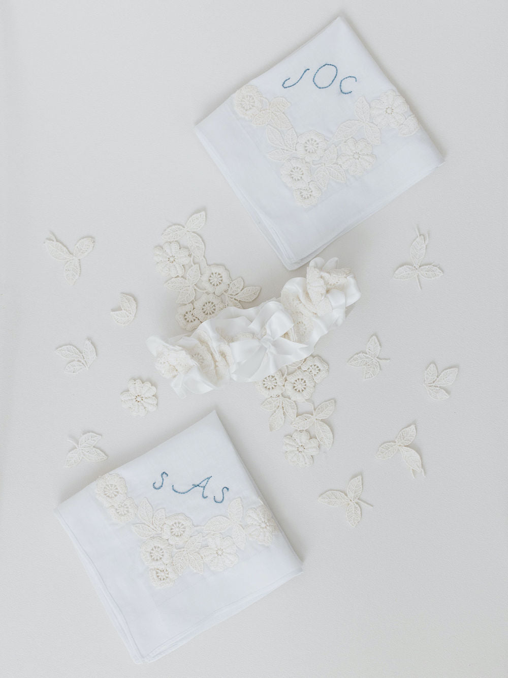 wedding garter & handkerchiefs handmade from grandmother's wedding dress lace by expert heirloom designer, The Garter Girl