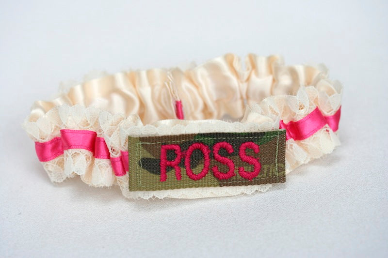 Lace and Hot Pink Military Name Tape Garter