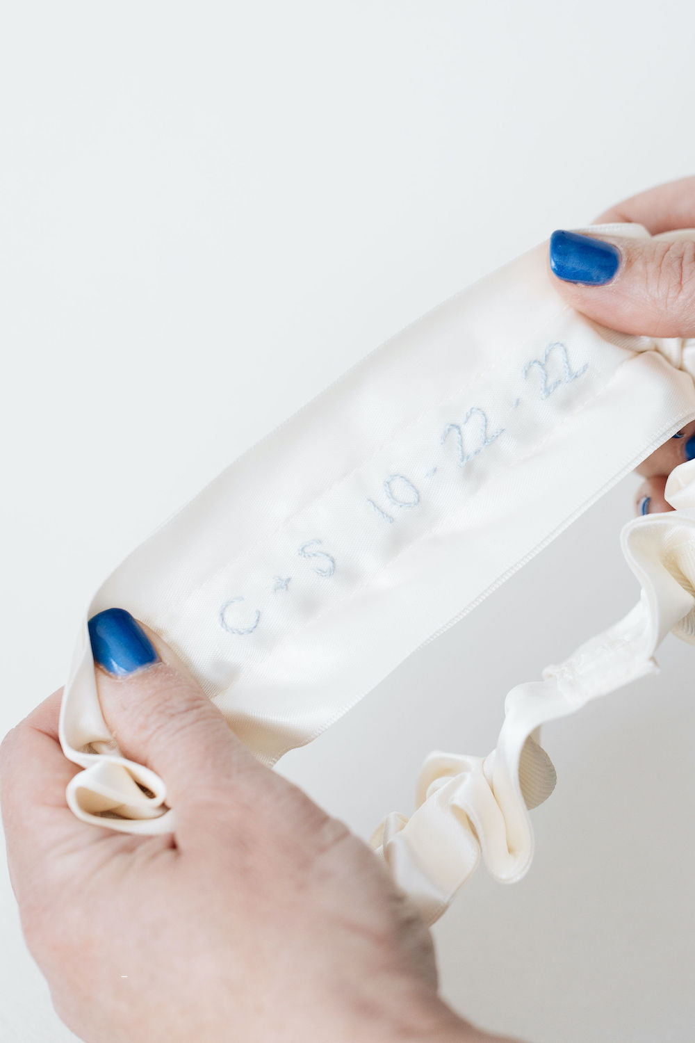 wedding garter with ivory satin and personalized embroidery - a handmade wedding heirloom by The Garter Girl