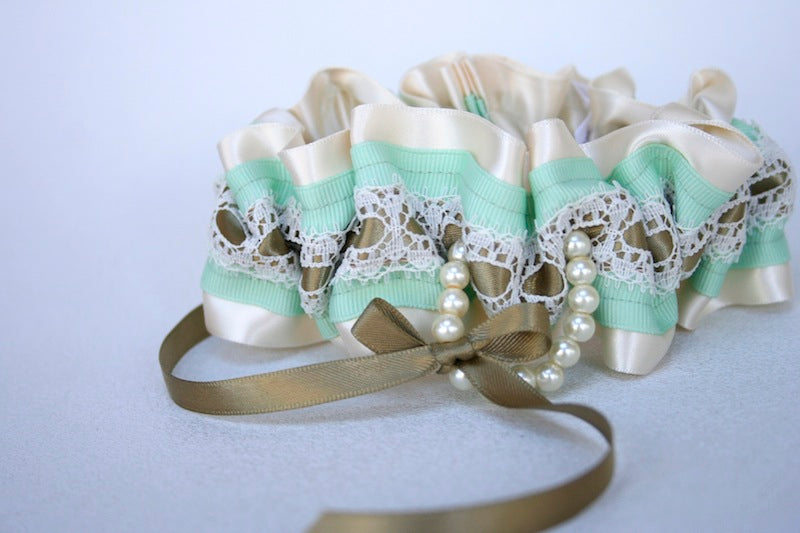 Custom Wedding Garter: Gold and Mint