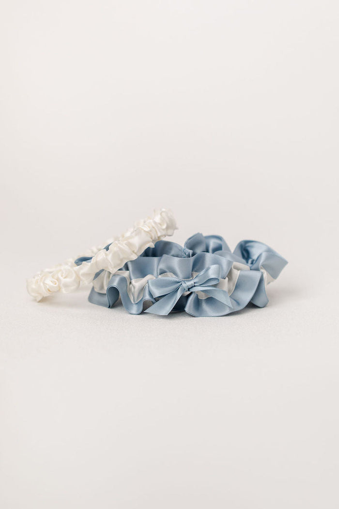 modern wedding garter heirloom set with dusty blue and ivory satin
