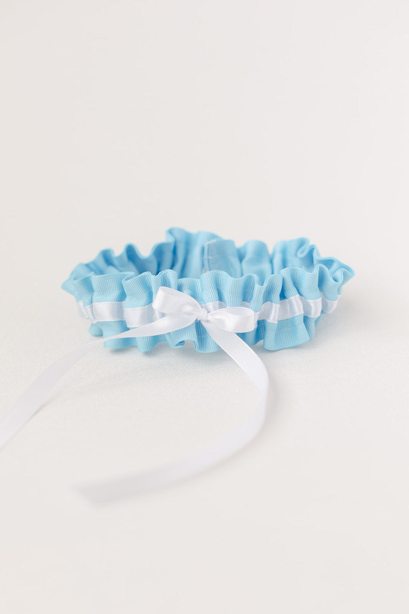 modern wedding garter with something blue and white
