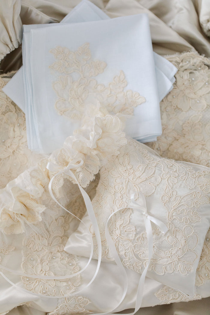 handmade wedding heirlooms from bride's mother's wedding dress by luxury bridal garter designer The Garter Girl